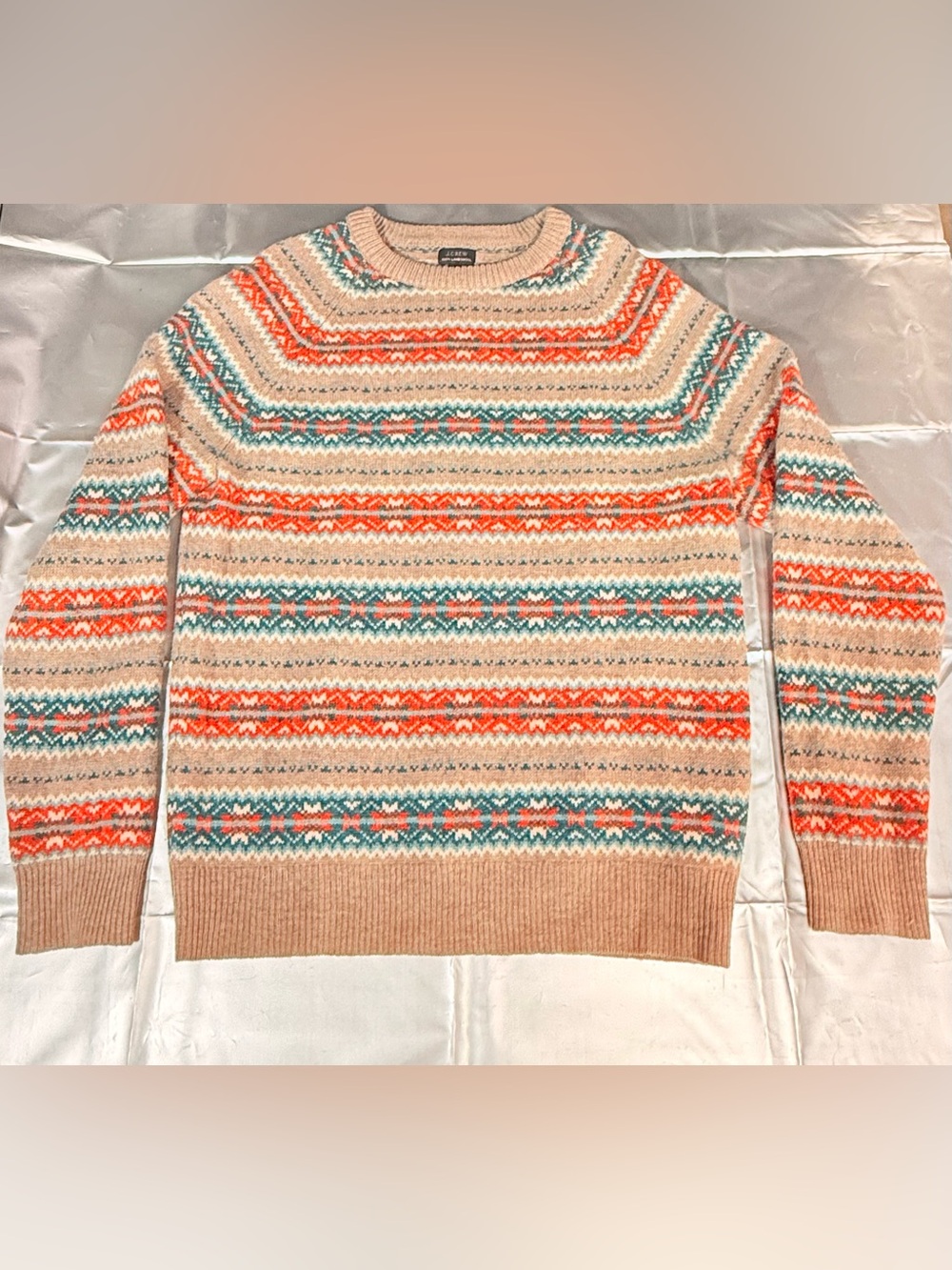 J. Crew Fair Isle Crewneck Sweater in Beige, Coral & Teal